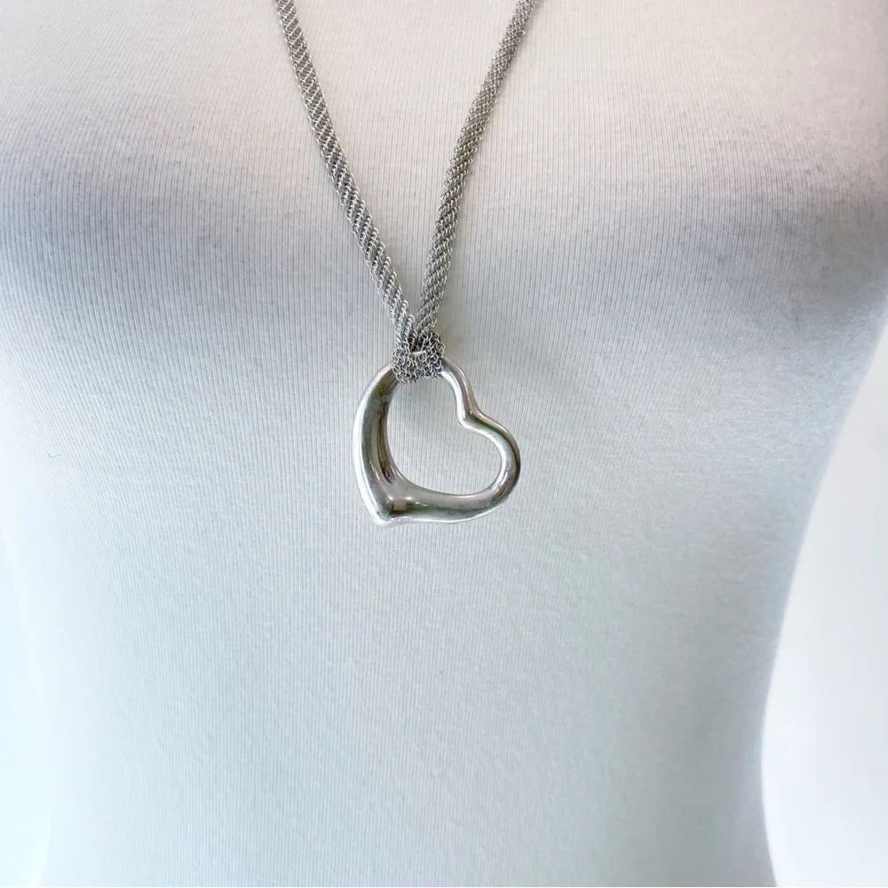 Elsa Peretti Tiffany Large Open Heart Pendant Sterling Silver Mesh Chain In Box - Picture 5 of 10